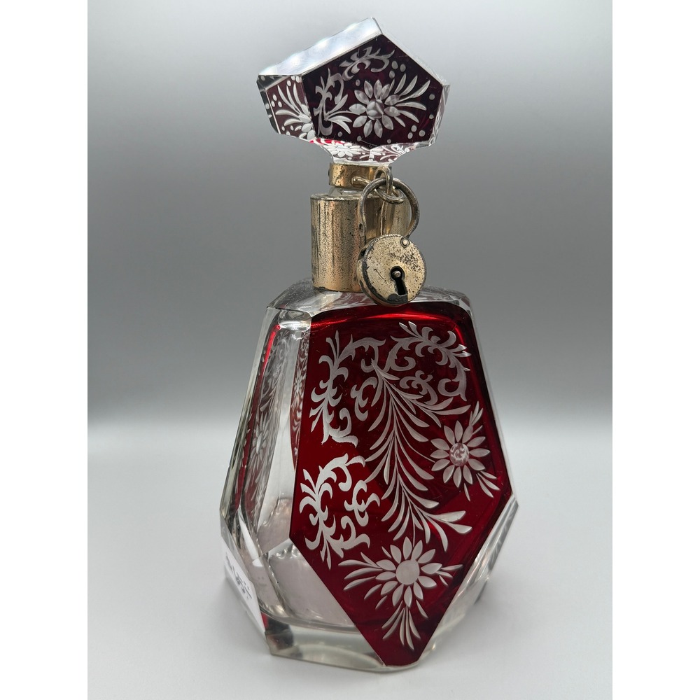 Antique Bohemian Ruby Cut to Clear Liqueur Bottle Lock Czech Heavy Art Glass